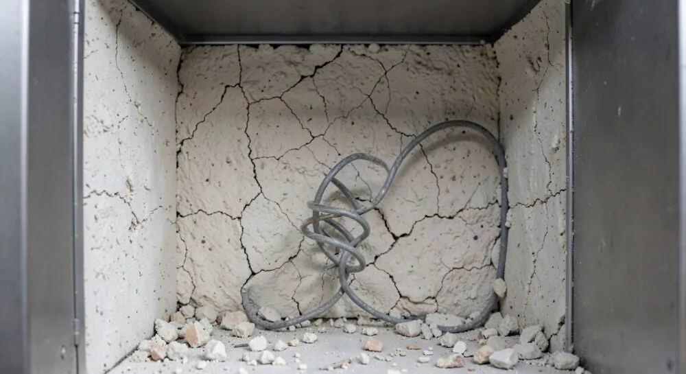 Камера лабораторной муфельной печи с трещиной в футеровке и выпавшим из паза витком спирали